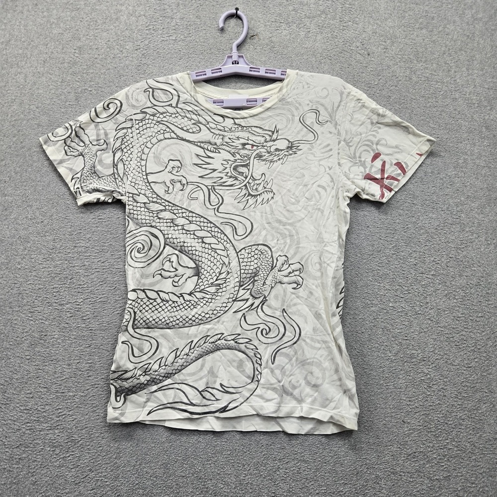 Liquid Blue Men Shirt S White Dragon Athletic Slim Fit Graphic Print Crew Neck